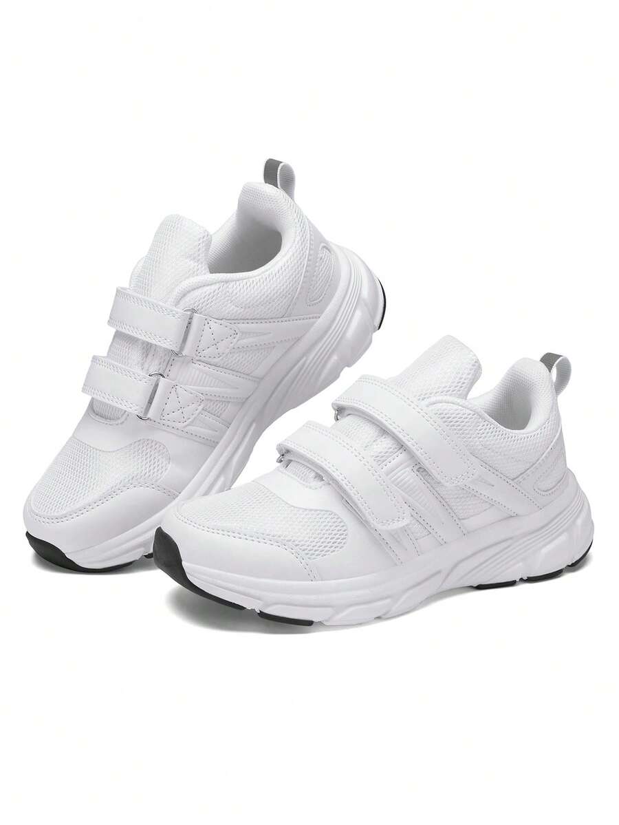 Children's White Hook And Loop Sports Shoes, Lightweight Breathable Running Sneakers - White - View 1