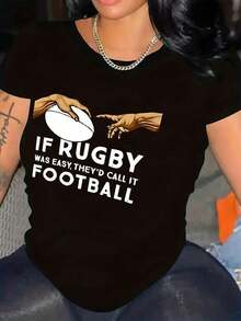Manga corta, conjuntos de verano para mujer, camiseta estampada de talla grande para mujer - manga corta informal con cuello redondo, estampado con temática de rugby, poliéster ligero, top de primavera-verano, ropa informal. |     Diseño de Rugby |     Camisa Ligera, Ropa de Invierno para Mujer, Tops de Mujer Vintage - Negro - Ver 5