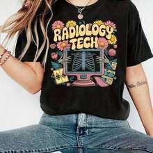 Camiseta de algodón vintage para mujer, casual, de manga corta, con estampado festivo de flores y rayos X para técnicos de radiología, camiseta de moda para mujer con cuello redondo y manga corta, ajuste cómodo, adecuada para todas las estaciones, tela duradera, camisetas negras CLL-2142 para uso diario. - Negro - Ver 8