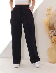 High-Waisted Wide-Leg Pants With Crease, Plain Wool, For Winter. - 黑色 - 查看 5