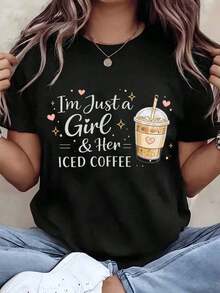 Women's T-Shirts, "I Am Just A Girl And Her Iced Coffee" Print T-Shirt, Round Neck, Casual Summer Style, Gift For Coffee Lovers, 220g, Women's Cotton T-Shirts. - 黑色 - 查看 1