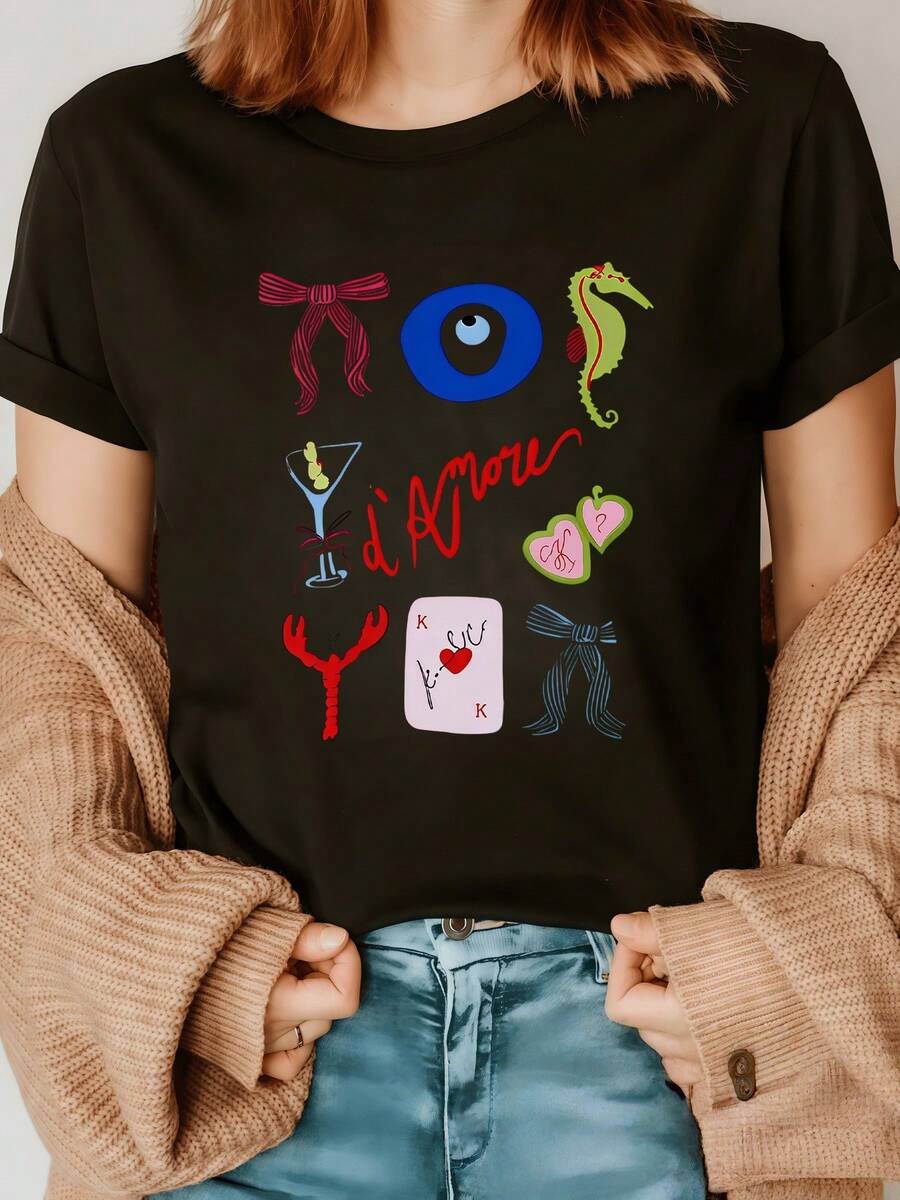 Ojo azul de protección con caballito de mar símbolo de amor con carta corazón copa y moño rosa camiseta de mujer casual moderna elegante para diario - Negro - Ver 1