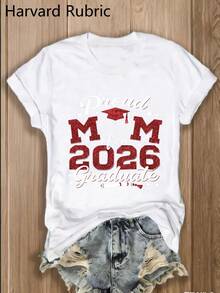 Camiseta "Mamá Orgullosa de un Graduado de 2026" - 1 pieza, 100% Multicolor, Cuello Redondo, Moda Y2K, Vintage, Transpirable, Ropa Urbana, , Casual, Versátil, Esencial de Verano - Regalo para Reuniones Familiares, Camiseta de Graduación Universitaria para Mujer - Blanco - Ver 7