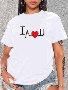 Vestido de verano ligero y transpirable con estampado de latidos del corazón, camiseta de manga corta con cuello redondo para mujer, nueva moda de verano, regalo para vacaciones, conjuntos de primavera y otoño que se pueden usar en capas. - Blanco - Ver 1