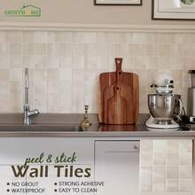 shiny home Peel-And-Stick Splash Guard - 1/5/10 Pieces 10.5 Inches * 10.5 Inches - 3D Self-Adhesive Peel-And-Stick Tile Splash Guard Suitable For Kitchen, Bathroom, And Wall Tiles. Checkerboard Pattern. - Beige - View 8