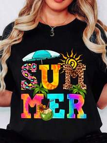 Camiseta estampada de verano con diseño tropical colorido, con gráficos de sombrilla, sol, palmeras y bebida de coco, ideal para vacaciones en la playa y uso casual. - Negro - Ver 1