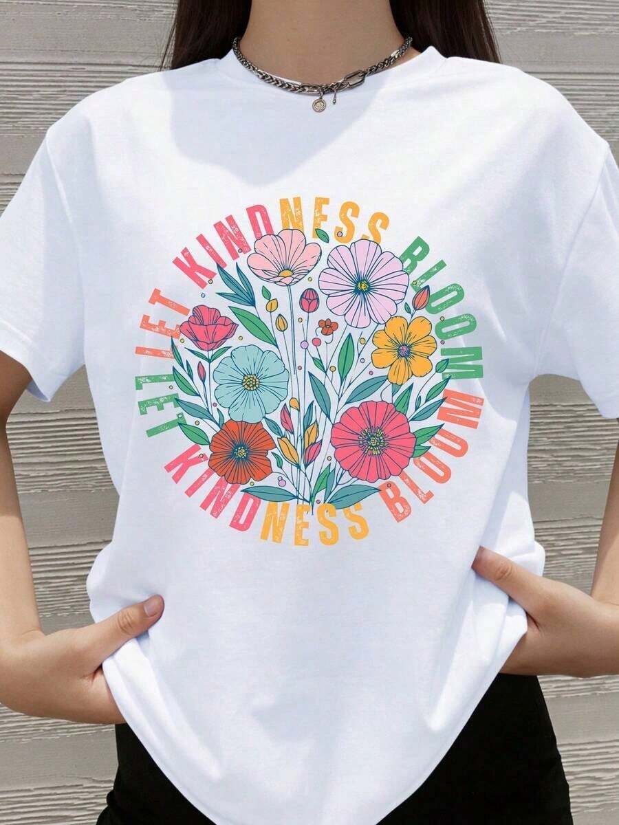Camiseta con Diseño Floral "Let Kindness Bloom" para Mujer, Ropa Casual de Verano, Camiseta con Mensaje Positivo, Regalo para el Día de la Madre, Cumpleaños o Día de San Valentín - Blanco - Ver 1