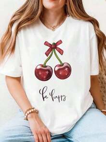 Camiseta de manga corta para mujer con estampado de lazo de cereza y gráfico "Be Happy", top casual de verano, tela cómoda, perfecta como regalo. - Blanco - Ver 1
