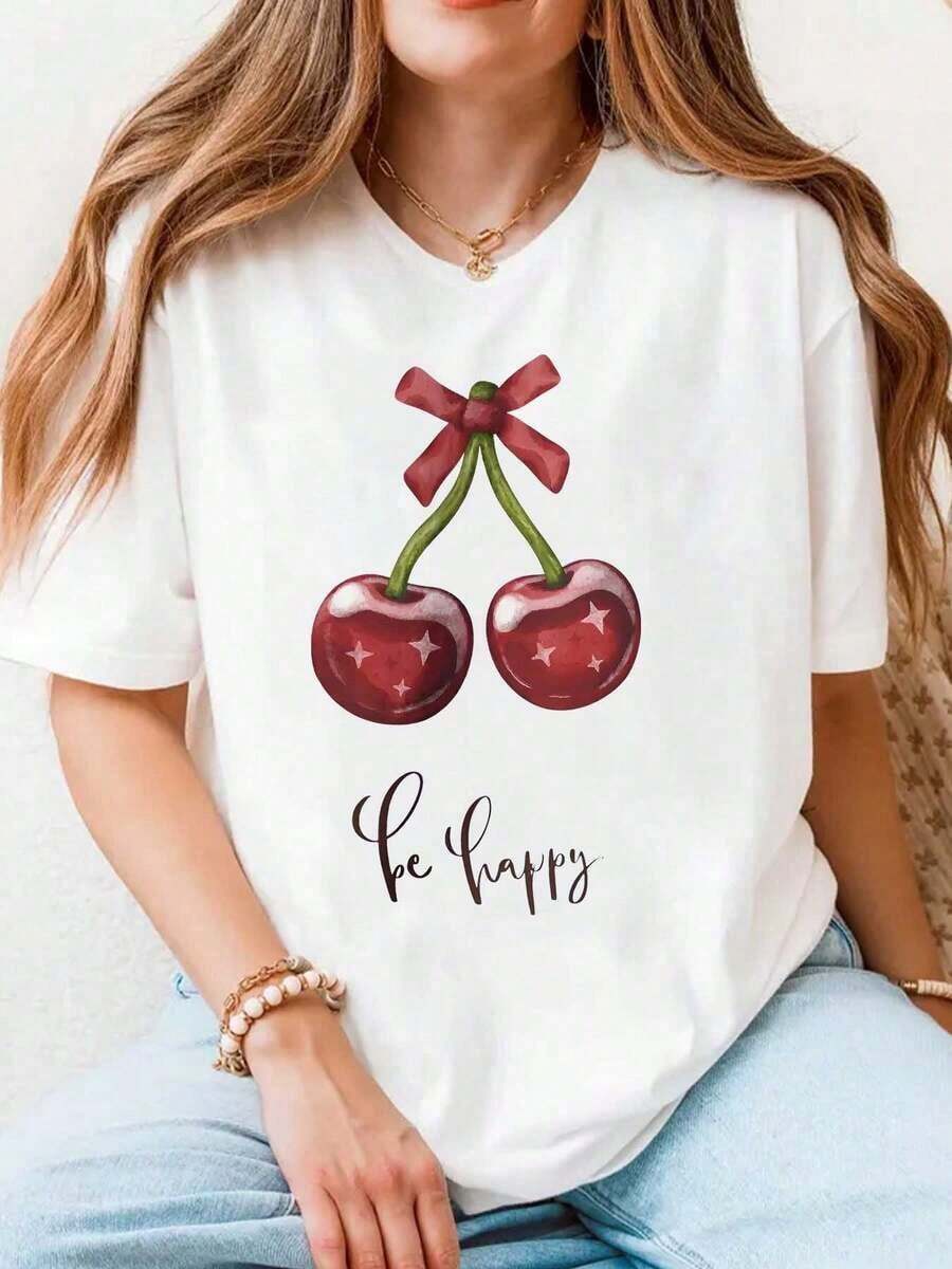 Camiseta de manga corta para mujer con estampado de lazo de cereza y gráfico "Be Happy", top casual de verano, tela cómoda, perfecta como regalo. - Blanco - Ver 1