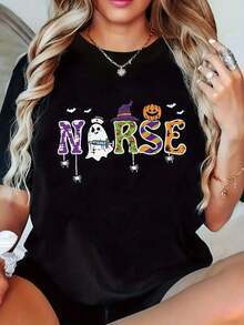 Women's Nurse-Themed Print T-Shirt, Casual, Round Neck, Short Sleeves, Made Of Slightly Stretchy Fabric For Spring And Summer. Suitable As A Gift. Women's T-Shirt. Blouses > Elegant. Boho Chic. Soft, Breathable, And Comfortable Women's Top, Ideal For Spring, Summer, And Fall, Perfect For Vacations, Travel, And Everyday Wear. - Black - View 7