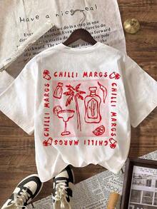 Women's Summer T-Shirt, Loose And Modern Style, "Chilli Margs" Tequila & Margarita Design, Breathable And Comfortable, Short Sleeve, Soft Cotton Round Neck, Ideal For Casual Outings And Singles Party Looks. - 白色 - 查看 3