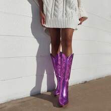Driceic Mid Calf Metallic Cowboy Boots For Women Glitter Western Embroidered Cowgirl Boots Wide Calf Chunky Heel Wide Calf Short Boots Pull On Pointy Toe Fashion Vintage Boots - Màu tím - Xem 7