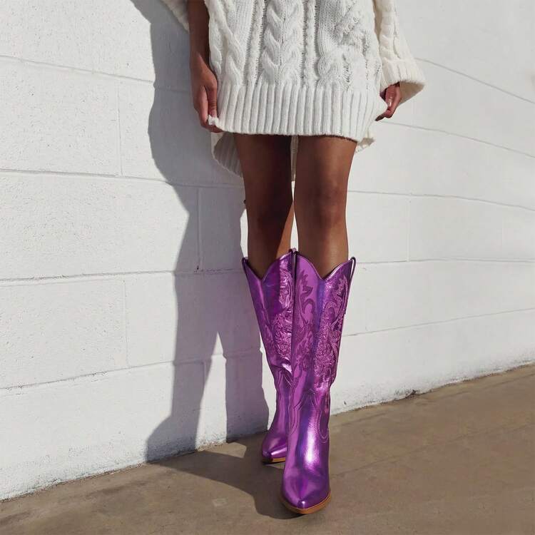 Driceic Mid Calf Metallic Cowboy Boots For Women Glitter Western Embroidered Cowgirl Boots Wide Calf Chunky Heel Wide Calf Short Boots Pull On Pointy Toe Fashion Vintage Boots - 紫色 - 查看 7