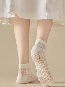 5 Pairs Women's Thin Mesh Hollow Out Ankle Socks, Sweet Ruffled Breathable Short Socks, Soft Lightweight Casual Socks For Summer - Multicolor - View 4