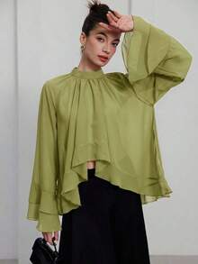 Blusa elegante y lujosa de gasa con volantes y capas en color púrpura-rojo para mujer - Blanco - Ver 5