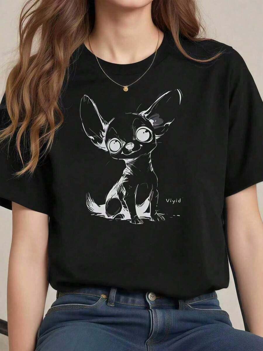 Fashion Printed T-Shirts For Women, Oversized Streetwear Tops, Comfortable And Stylish All-Match Summer Tees. Chihuahua Print T-Shirt For Women, 220g Cotton, Casual Summer Crew Neck Short Sleeve (1 Piece) - 黑色 - 查看 1
