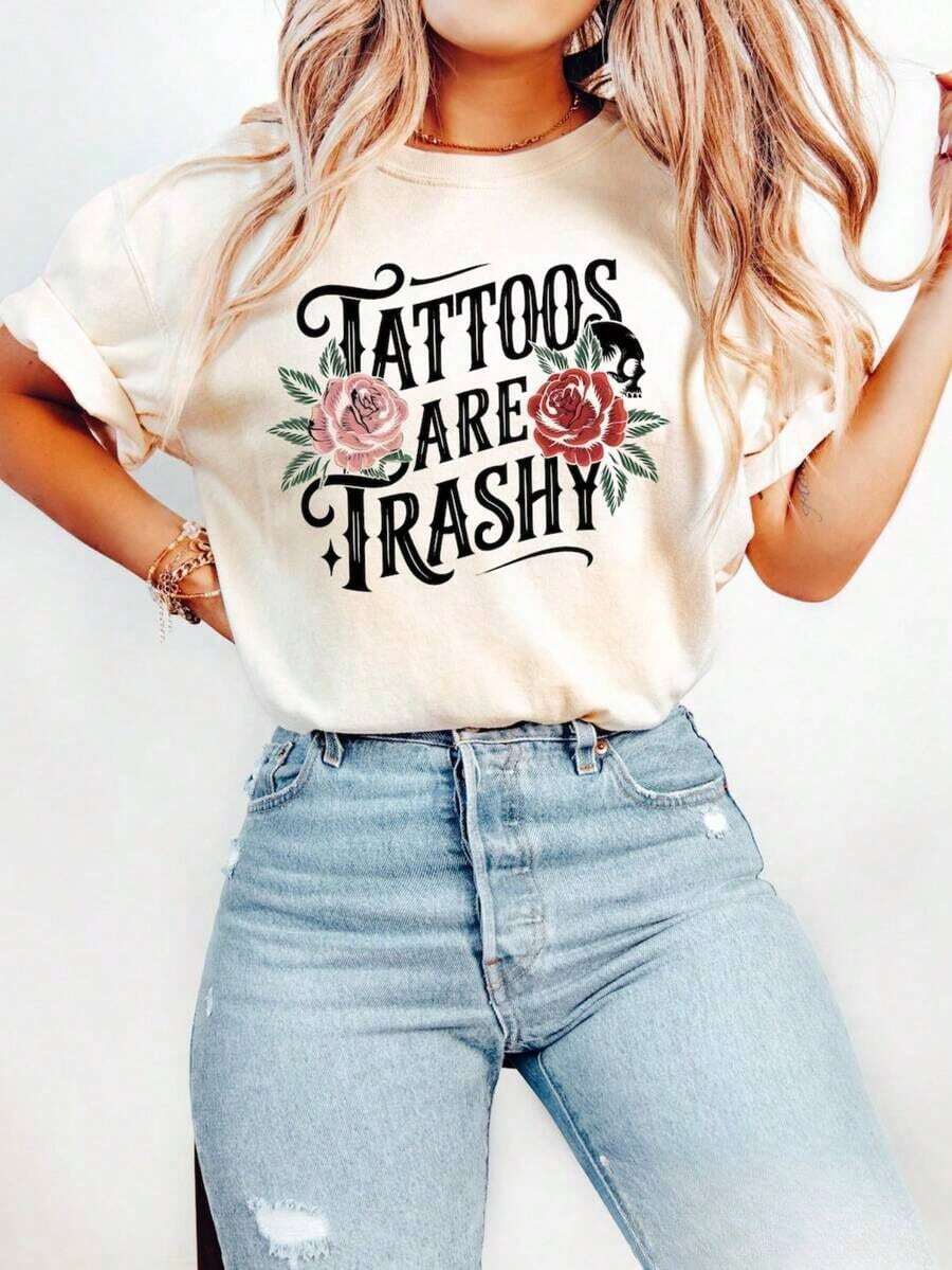 "Tattoos Are Low Quality" T-Shirt, "Bold Girl" Sweatshirt, Sarcastic T-Shirt For Women, Funny Tattoo T-Shirt, Humorous Gift For Adults, Stylish Casual T-Shirts For Tattoo Lovers, 100% Cotton Sportswear, Breathable And Comfortable - 白色 - 查看 1