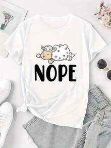 Women's Casual Sports T-Shirt With Creative English Sheep Print, Round Neck, Short Sleeves, Comfortable Summer Vacation Top, Made Of Soft Cotton For Everyday Wear. - 白色 - 查看 3