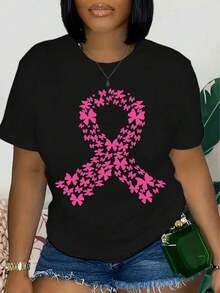 Women's T-Shirt With Pink Bow Print, Short Sleeves, Round Neck, Casual Style, 100% Fabric, Regular Length, Suitable For All Seasons. - Black - View 6