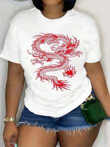 Camiseta casual de manga corta para mujer con estampado gráfico de dragón rojo llamativo - Camiseta suave y elástica de cuello redondo, lavable a máquina, top cómodo para todas las estaciones, ideal para atuendos casuales, ropa de ocio, no transparente. - Blanco - Ver 1