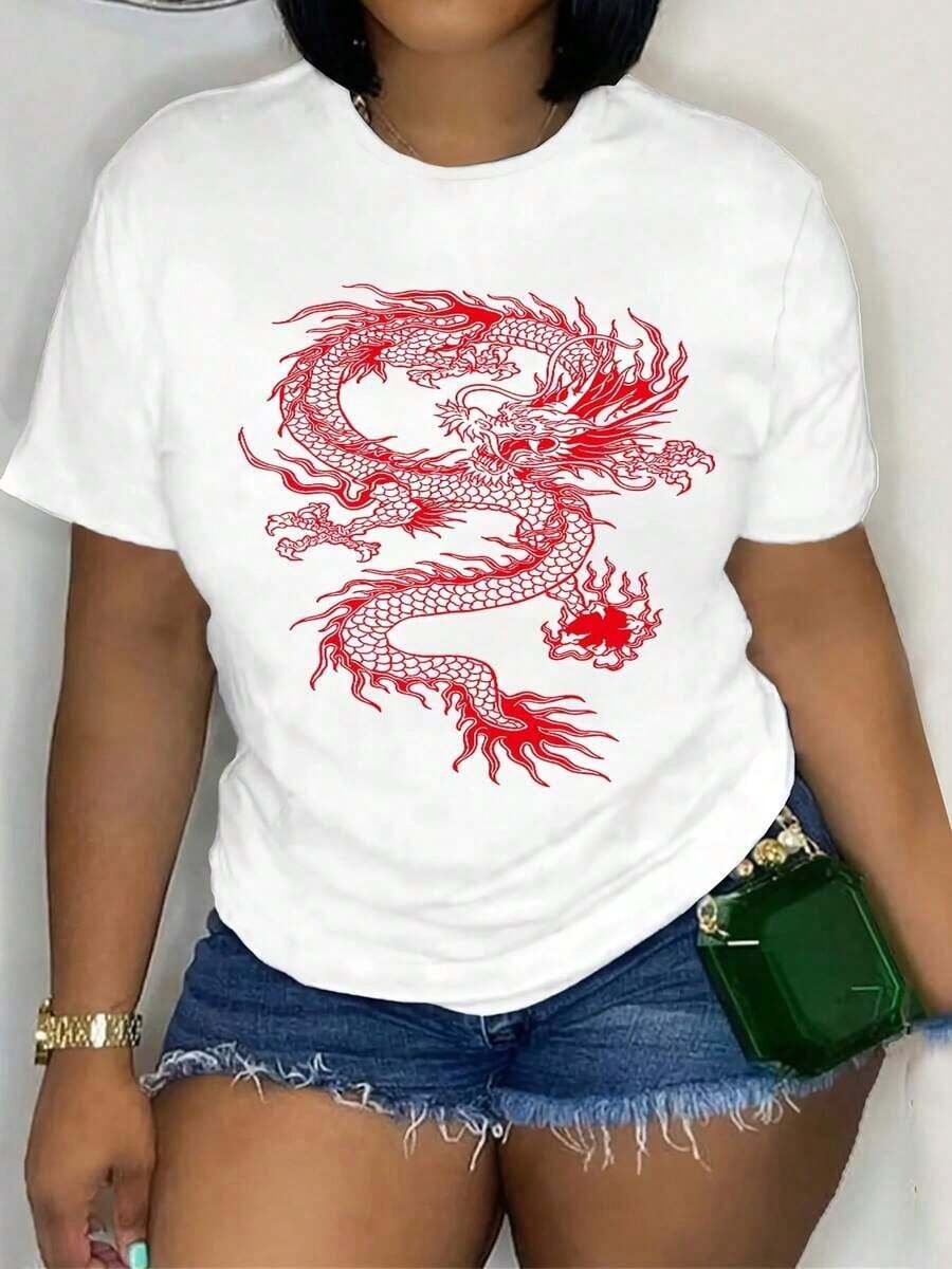 Camiseta casual de manga corta para mujer con estampado gráfico de dragón rojo llamativo - Camiseta suave y elástica de cuello redondo, lavable a máquina, top cómodo para todas las estaciones, ideal para atuendos casuales, ropa de ocio, no transparente. - Blanco - Ver 1