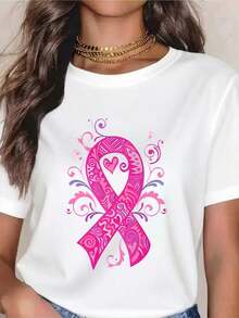 Casual Pink T-Shirt With Floral Design And Breast Cancer Awareness Ribbon - Women's White Cotton T-Shirt For Breast Cancer Support And Awareness, Perfect For Breast Cancer Awareness Month In October, Charity Events, And Everyday Wear. A Must-Have. - 白色 - 查看 1