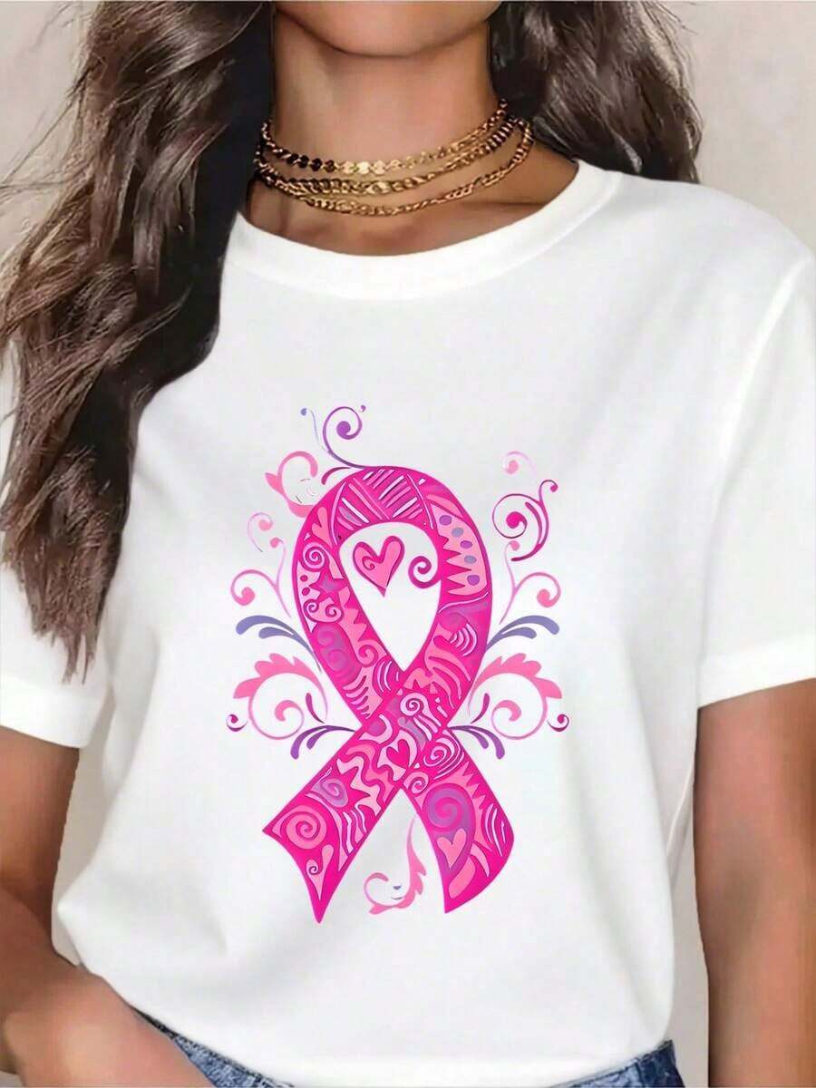 Casual Pink T-Shirt With Floral Design And Breast Cancer Awareness Ribbon - Women's White Cotton T-Shirt For Breast Cancer Support And Awareness, Perfect For Breast Cancer Awareness Month In October, Charity Events, And Everyday Wear. A Must-Have. - 白色 - 查看 1