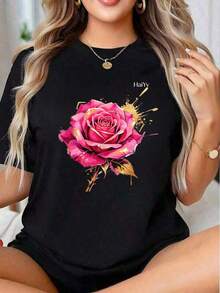 Limited Time Offer, Limited Quantity Available, Flash , Women's Shirts, Women's T-Shirts. Women's Oversized White T-Shirt, Short Sleeve, Round Neck, Pink Rose Print With Gold And Graffiti Details, Casual Elegant Style For Everyday Wear - 黑色 - 查看 11