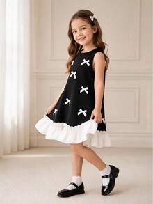 Vestido elegante para niñas de 4 a 8 años - Vestido negro sin mangas de línea A con lazo blanco aplicado y dobladillo con volantes | Adecuado para fiestas, bodas u ocasiones especiales - Negro - Ver 5