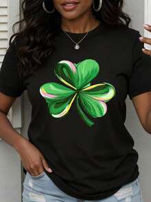 Women's Short Sleeve T-Shirt, Four Leaf Clover T-Shirt For St. Patrick's Day, Lucky Clover Graphic T-Shirt For Women, Casual Summer Top, Clothing. - 黑色 - 查看 6