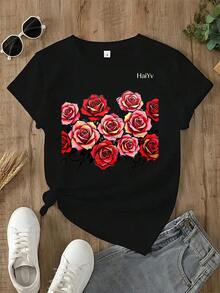 Limited Time Offer, Limited Quantity Available, Flash , Women's Shirts, Women's T-Shirts. Women's Comfortable Loose Fit White T-Shirt, Short Sleeve Crew Neck, Red Rose Graffiti Print, Casual T-Shirt For Everyday Wear And Going Out - 黑色 - 查看 2