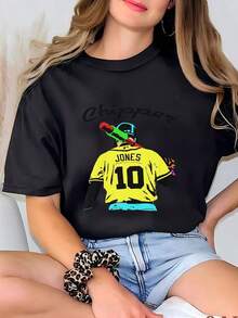 100% Cotton T-Shirt With Chipper Jones Number 10 Baseball Player Print, Casual Short Sleeve T-Shirt For Women, Baseball Sport Style Streetwear, Ideal For Baseball Fans, Daily Wear And Going Out, Plus Size Available - 黑色 - 查看 7