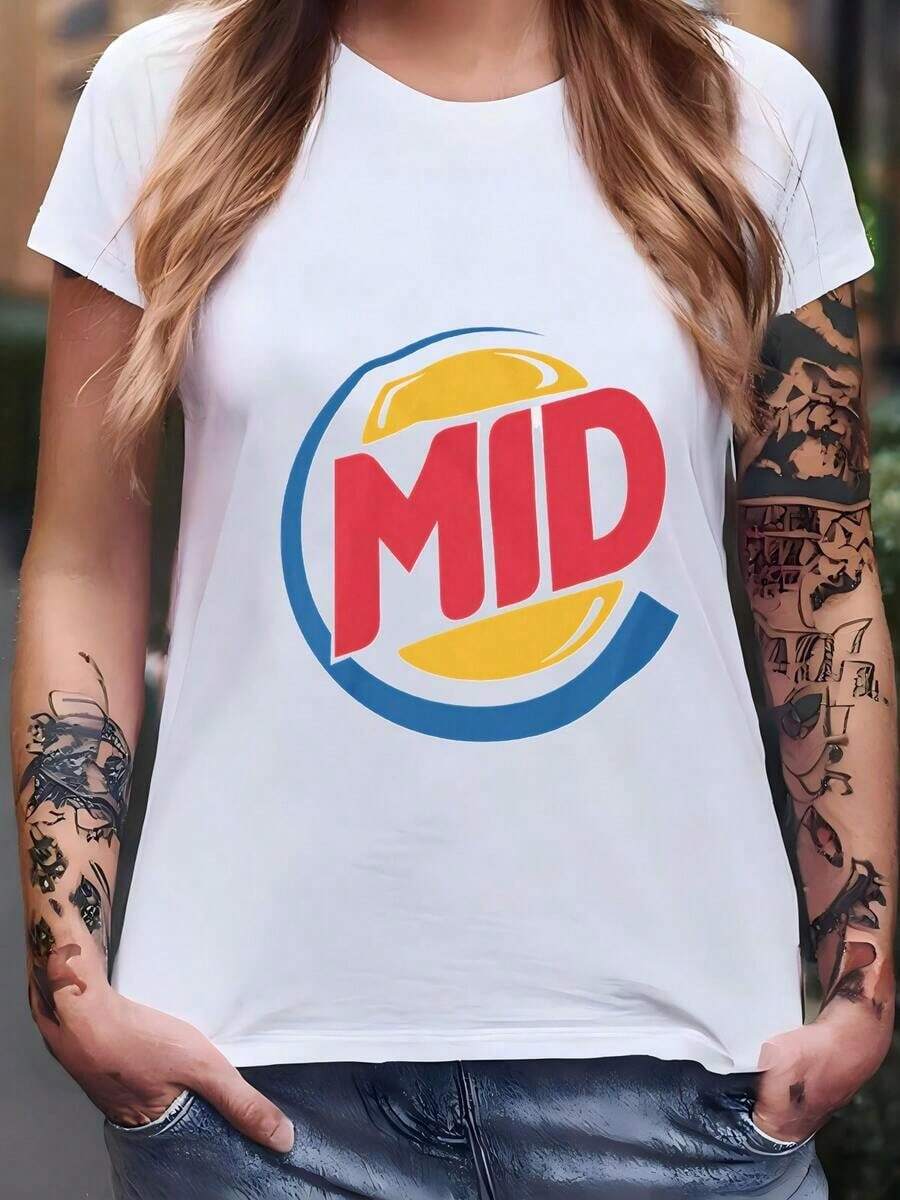 100% Cotton T-Shirt With Fun "MID" Retro Logo Print, Casual Short Sleeve T-Shirt For Women, Streetwear, Urban Style, And Playwear, Soft Breathable Top For Daily Wear And Outings, Plus Size Available - 白色 - 查看 1