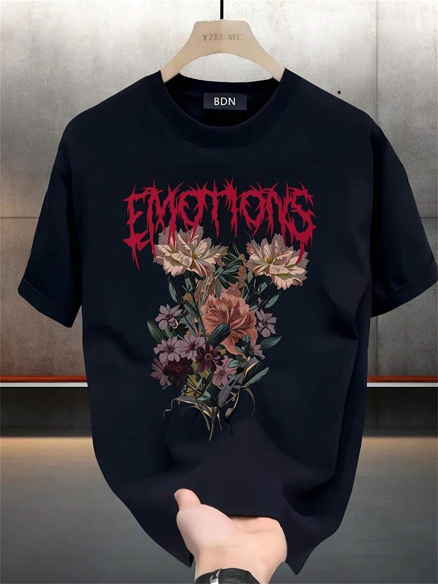 Camiseta de manga corta gruesa de verano para hombre con estampados modernos, estilo coreano y japonés versátil - Negro - Ver 1