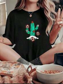Under The Radar 1pc Soft Fabric Women's Short Sleeve T-Shirt With Cactus And Flower Print Bohemian Style For Summer Casual Fashion Feminine T-Shirt Blouse Top 100% Cotton - Vintage Street Style Unisex Loose Cotton Short Sleeve Crew Neck T-Shirt - 黑色 - 查看 7
