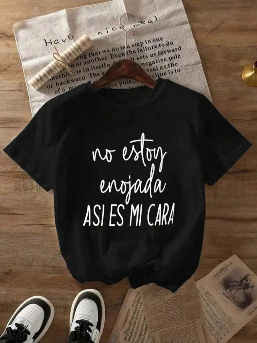 Women's Casual Graphic Print Basic T-Shirt, Short Sleeves, Round Neck, Relaxed, Comfortable, Versatile, Cool, Lightweight Design With The Phrase "I'm Not Angry, This Is My Face," Minimalist 1XGQ - 黑色 - 查看 1