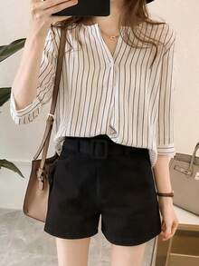Women's Striped Round Neck Blouses For Petite Women, New Korean Style Three-Quarter Sleeve Shirt For Summer, Loose Casual Shirt. - 白色 - 查看 4