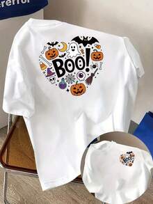 New 180g Short-Sleeved T-Shirt, 1% Cotton, With Front And Back Prints - Halloween, Ghosts - Fashionable Printed T-Shirt For Women, Your Best Choice! - Suitable For Layering In Spring And Autumn, Or Alone In Summer, Unisex Style. - White - View 6
