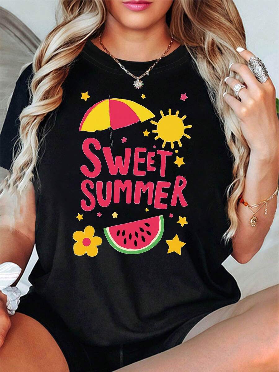"SWEET SUMMER" Camiseta de Mujer con Estampado de Sandía para Verano, Estilo Fresco y Animado, Manga Corta, para Vacaciones en la Playa y Uso Diario - B - Ver 1