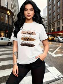 The Letter Prints With Visual Expressions Of Self-Motivation, Such As "Positive Mind," "Positive Life," And "Positive Vibes," Are Modern And Fashionable. This Simple And Versatile Women's Short-Sleeved T-Shirt With A Round Neck Is Suitable For Leisure, Travel, Vacations, And Other Activities. 2CBJ - 白色 - 查看 4