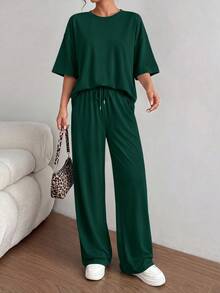 PRETTYGARDEN Women's Summer Clothes 2 Piece Sets Lounge For Short Sleeve Matching Airport Travel Outfits Casual Dark Green Vacation Summer Brunch Outfits For Women Mothers Day Outfit - 墨綠色 - 查看 3