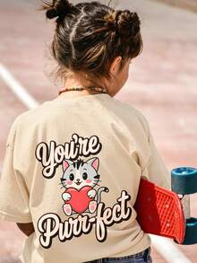 1 pieza Camiseta de niña con estampado de gato lindo, patrón "Eres Purr-Fect", manga corta, tela suave y cómoda, top casual para uso diario - Albaricoque - Ver 1