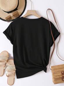 Camiseta de mujer, cómoda y casual, de manga corta y cuello redondo, con estampado de corazón de llama rosa, diseño romántico y vibrante, longitud regular, adecuada para todas las estaciones, moda diaria, ideal para la ropa femenina de primavera y verano. - Negro - Ver 2