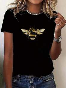Women's Casual Short Sleeve Sport T-Shirt With Round Neck And Bee Print - 黑色 - 查看 2