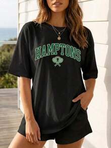 Cute Unisex Premium Casual T-Shirts, Oversized Cotton T-Shirt With Hamptons Graphic Design | Soft Summer Casual T-Shirt With Tennis Print, Preppy Style, Spring And Summer Clothing, One Piece, 35% Cotton, 65% Polyester. - 黑色 - 查看 6
