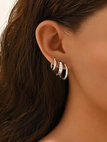 6pcs/Set Fashionable Stainless Steel Geometric Hoop Earrings Set, Versatile Daily Wear For Women - Multicolor C - View 4