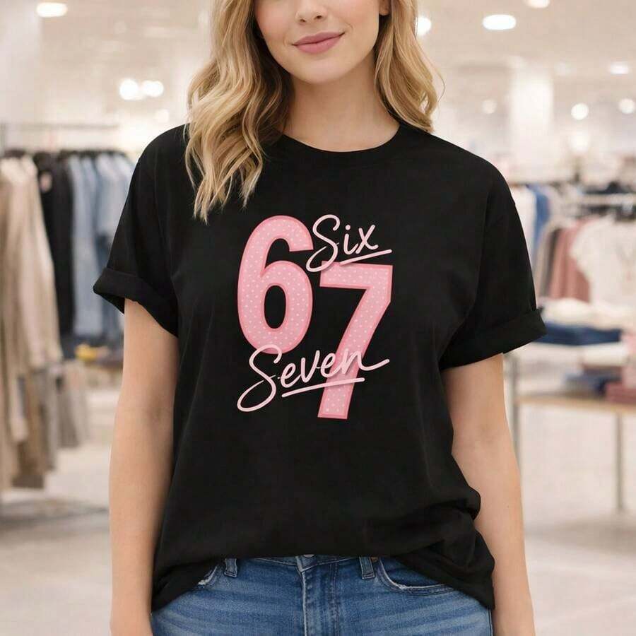 Women's Cotton T-Shirt, Round Neck, Short Sleeve, Loose Fit, With "67 Six Seven" Graphic Print, Casual Top For Everyday Wear, Sizes M-5XL, Soft And Breathable Cotton Fabric, Fashionable Oversized T-Shirt For Women. - 黑色 - 查看 1