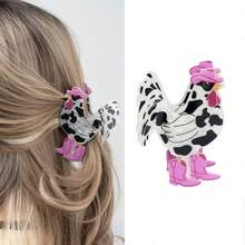 Rooster Shaped Hair Claw Clip, Cow Print Chick Hair Clip, Funny Quirky Design, Interesting Personalized Black & White Large Size Hair Clip For Women, Niche Personalized, Creative Quirky Hair Accessory, Suitable For Bun, Curly, Long Hair, Daily Commute - View 1