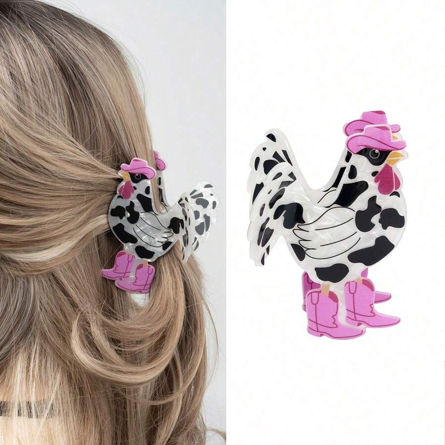 Rooster Shaped Hair Claw Clip, Cow Print Chick Hair Clip, Funny Quirky Design, Interesting Personalized Black & White Large Size Hair Clip For Women, Niche Personalized, Creative Quirky Hair Accessory, Suitable For Bun, Curly, Long Hair, Daily Commute - View 1