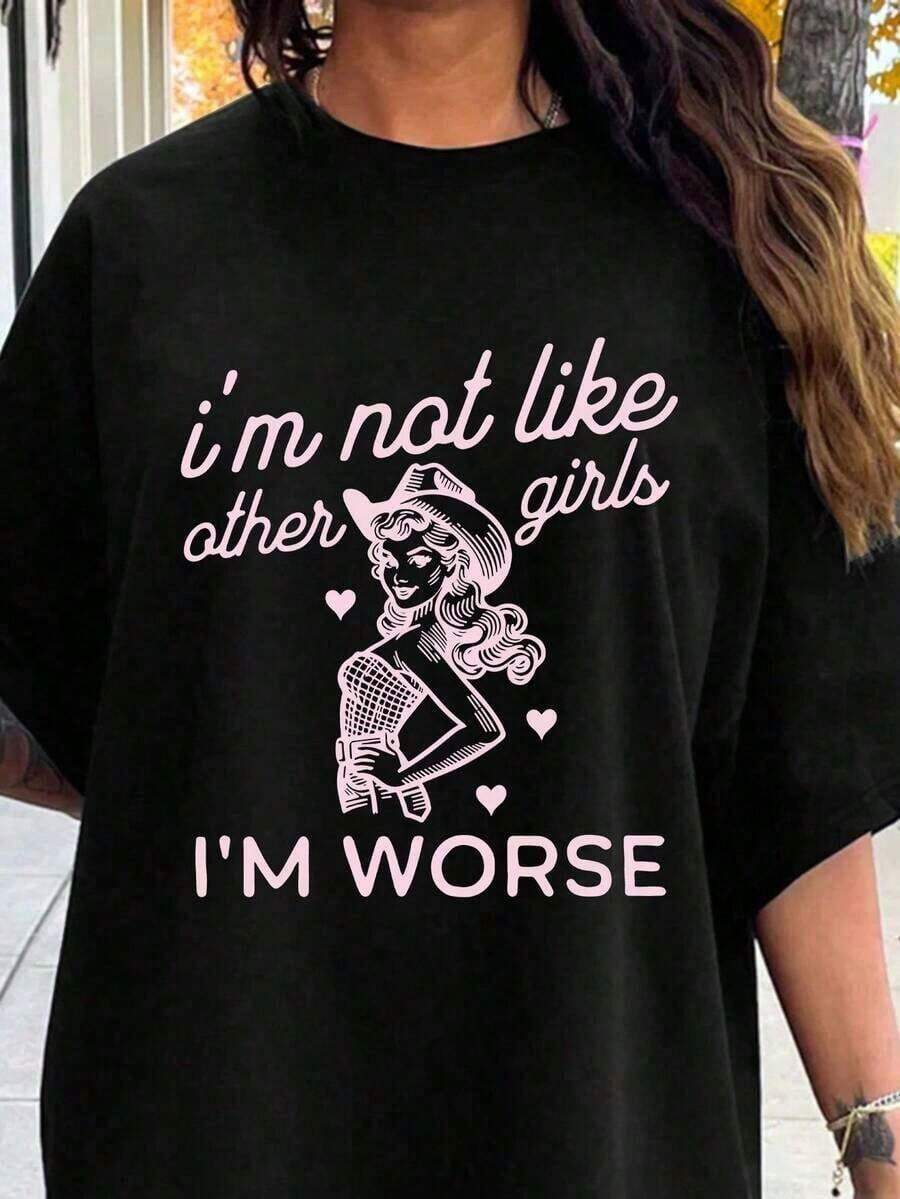 100% Cotton, 1 Piece: I'm Different From Other Girls. Graphic Print Short Sleeve Crew Neck T-Shirt, Casual Tops For Spring, Summer And Autumn, Women's T-Shirt. 100% Cotton. Women's Simple Solid Color T-Shirt, Loose And Slim Fit Casual Short Sleeve - 黑色 - 查看 1